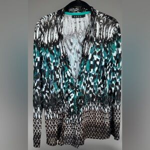 ZOZO Womens Silk Blend Long Sleeve Cardigan Green Black White Geo Pattern Large